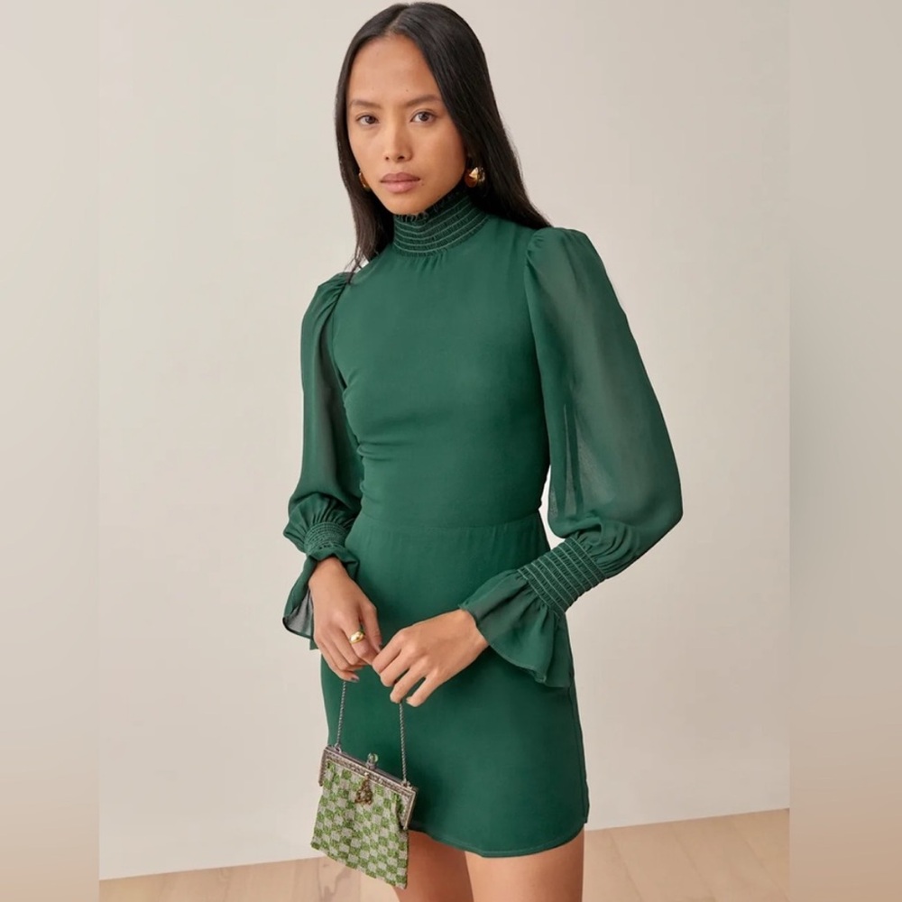 Reformation Archie Shirred Mini Dress in Emerald Green - NEW WITH TAGS